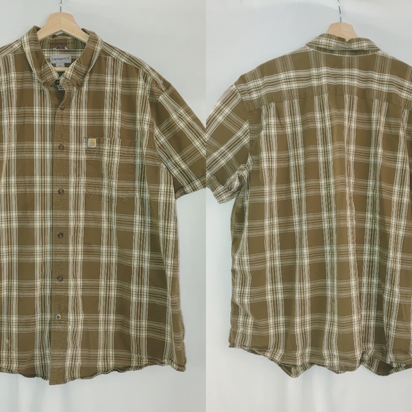 Carhartt Button Front Short Sleeve Shirt Relaxed‎ Fit Size 2XL Brown Tan Olive - Picture 1 of 7